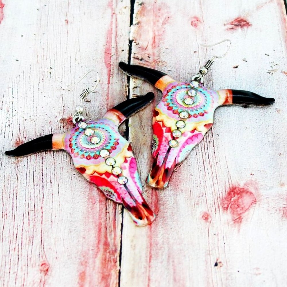 Earrings. Southwestern Steer-Skull. Red, Pink, Aqua, Yellow. NWT. - Picture 1 of 1